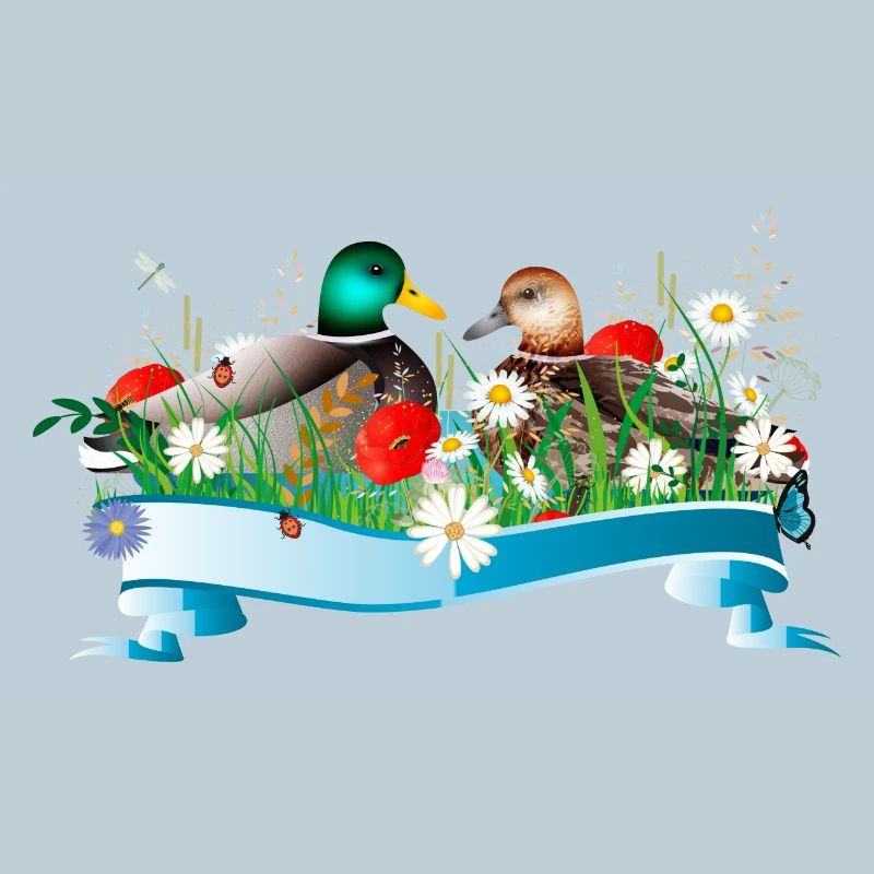Enten Pärchen im See mit frühlingshaftem Ufer