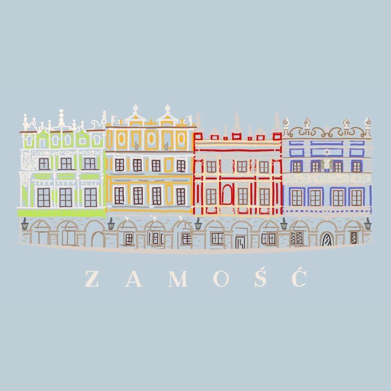 Zamosc en Pologne, façades sur le marché, dessin à la main