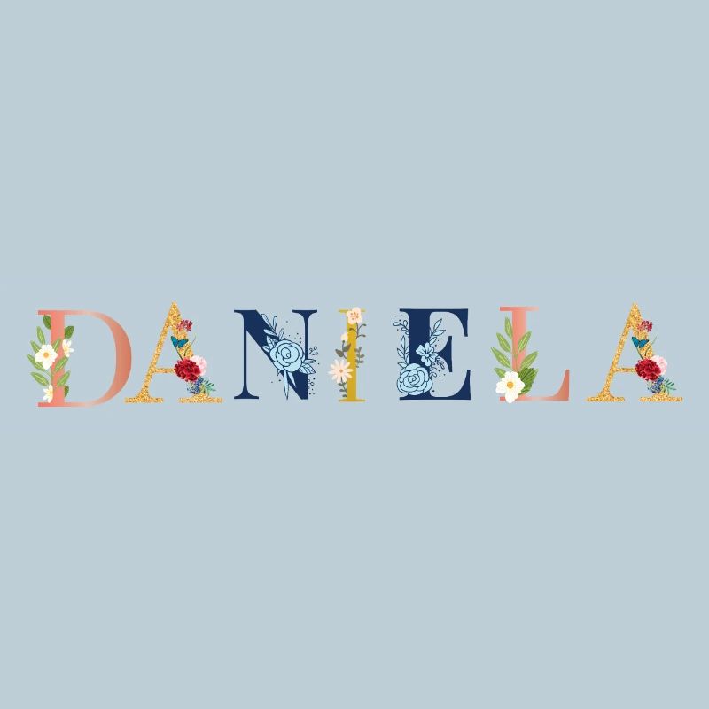 Art du prénom DANIELA avec fleurs brodées