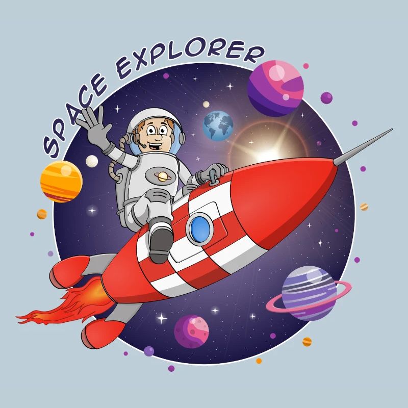 The astronaut and the red rocket in space