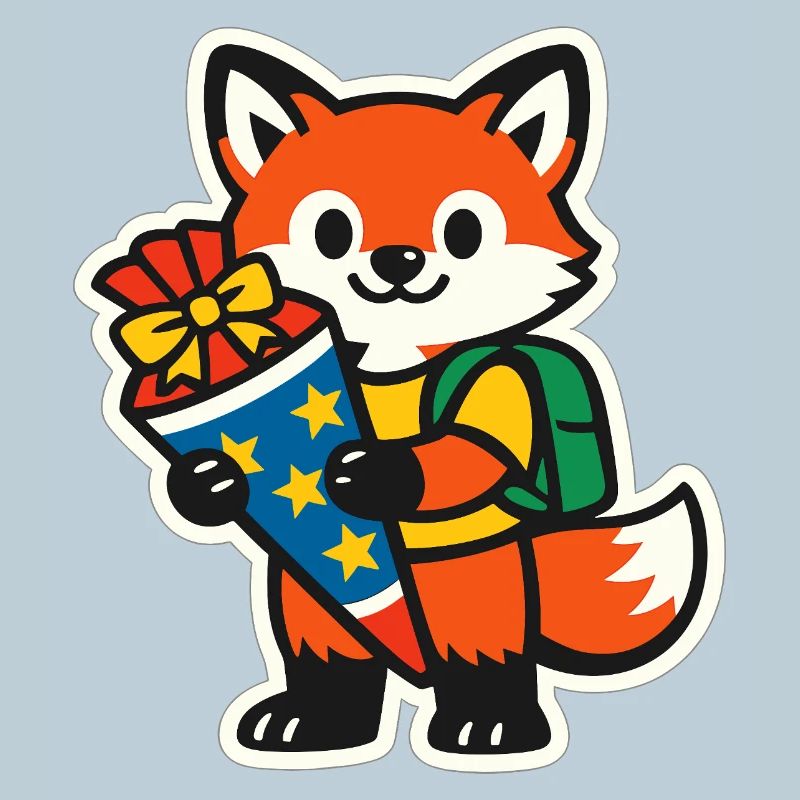Fuchs mit Geschenk und Rucksack Einschulung