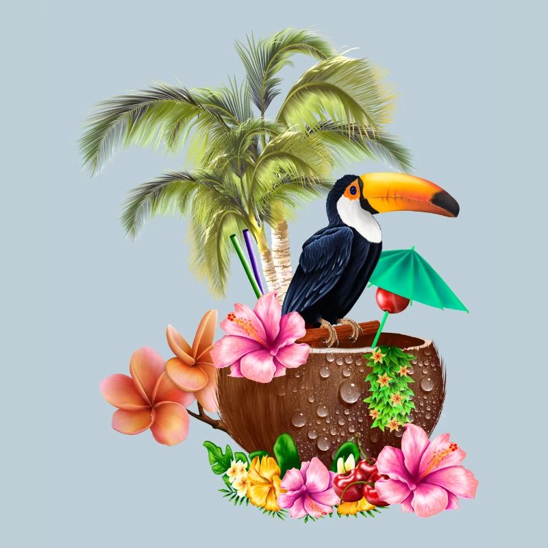Tropical design with toucans and palm trees.
