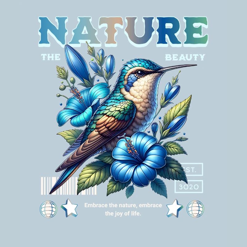 Blauer Kolibri mit Blüten Naturkunst
