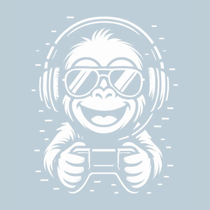 Cooler Affe mit Kopfhörern, Brille und Gamepad
