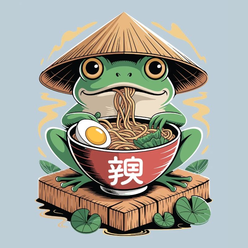Grenouille ramen joyeuse avec chapeau de paille de riz et