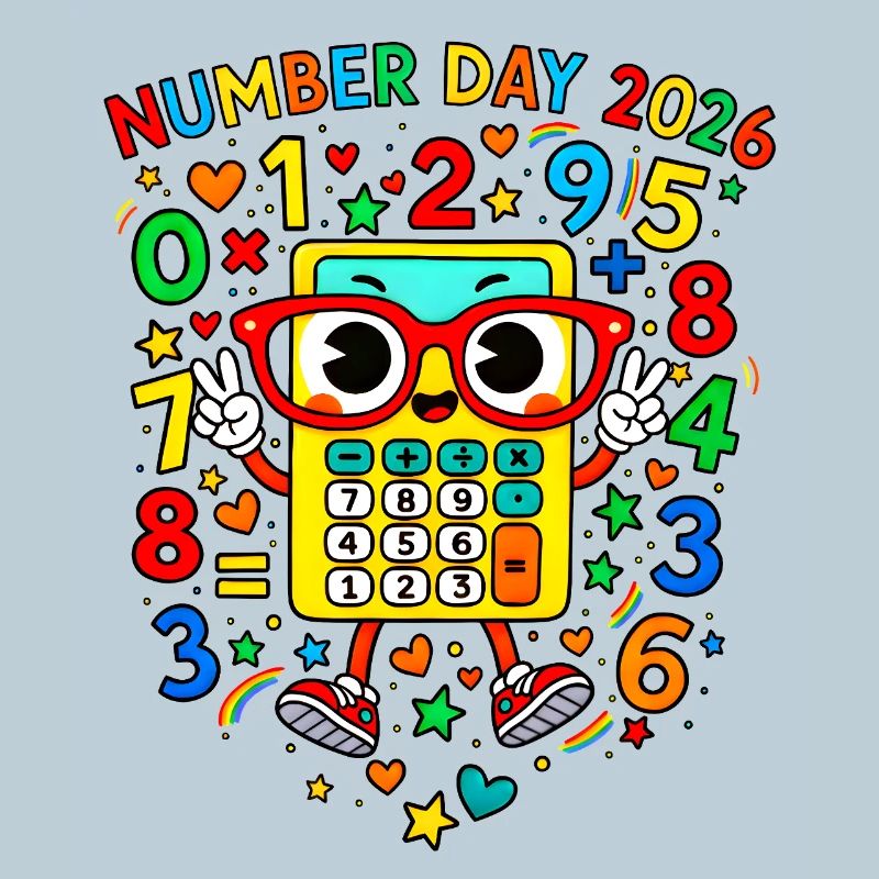 Nummer-Tag 2026 Cheerful Calculator Maskottchen