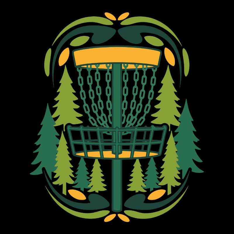 Scène du disque volant du panier de Disc Golf dans la forêt
