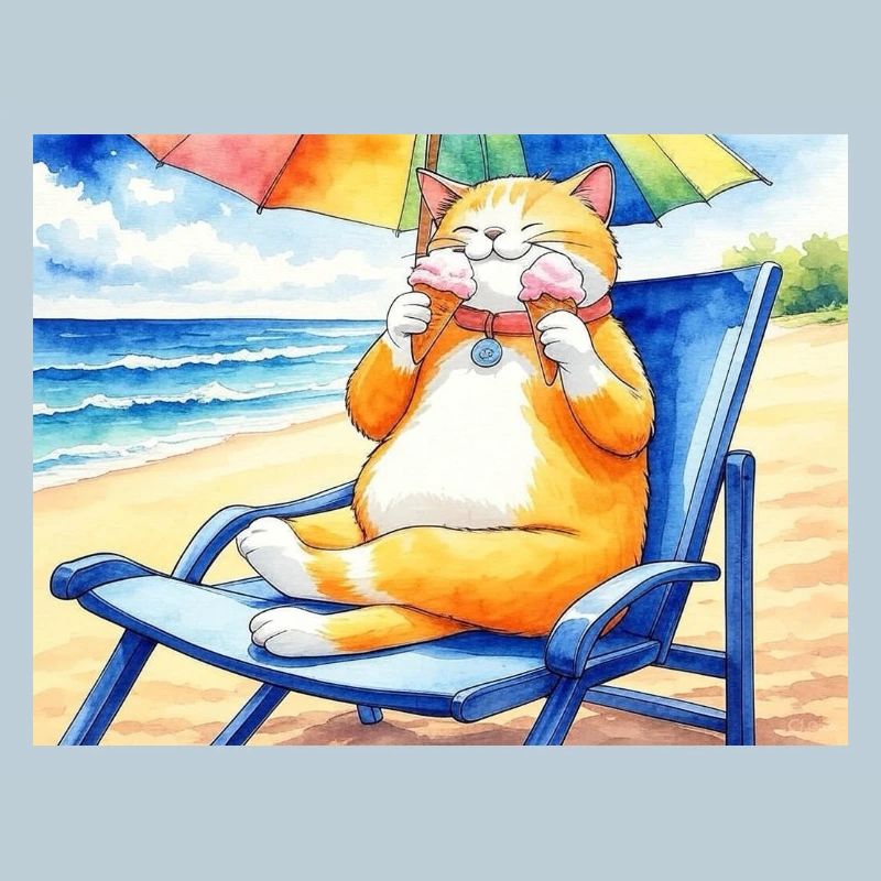 Katze am Strand mit Eiscreme