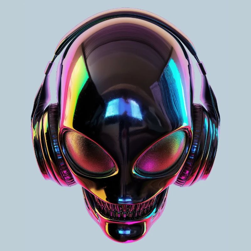 Schwarzer Alien-Kopf mit Kopfhörern