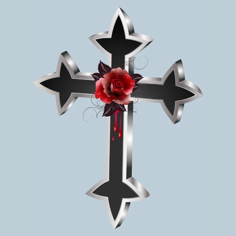 schwarz silberfarbenes Gothic Kreuz mit roter Rose