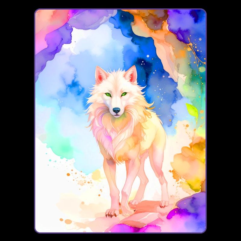 White wolf in front of colorful cave