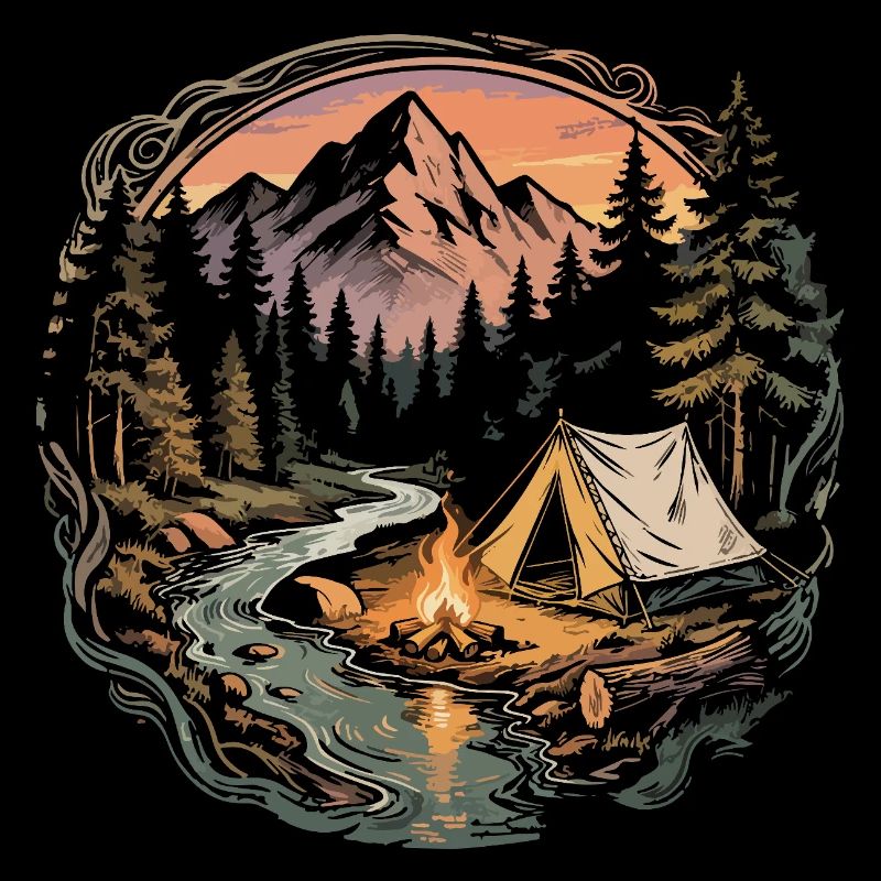 Mountain forest camping by the fire