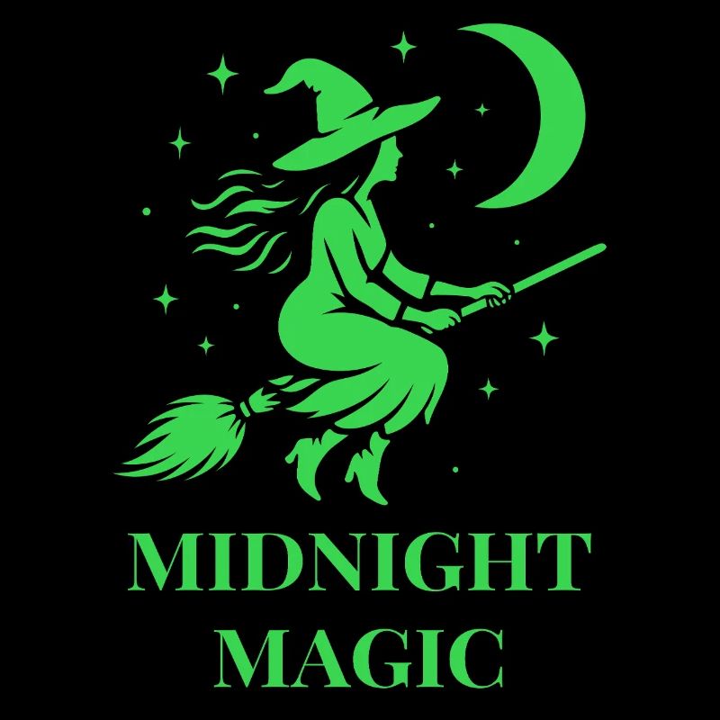 Flying witch at night with moon in green