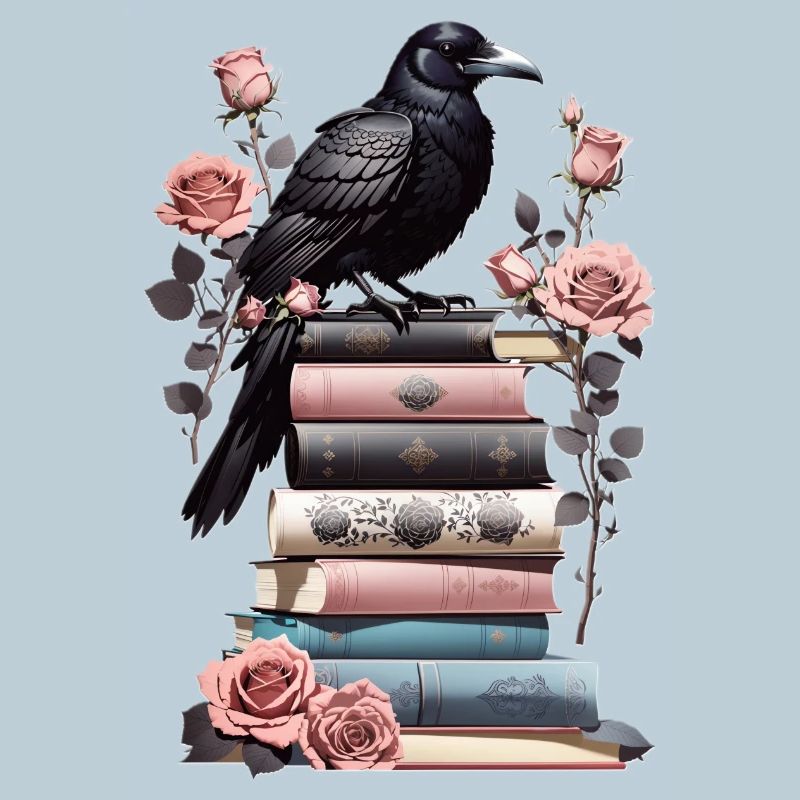 Stack of books with raven