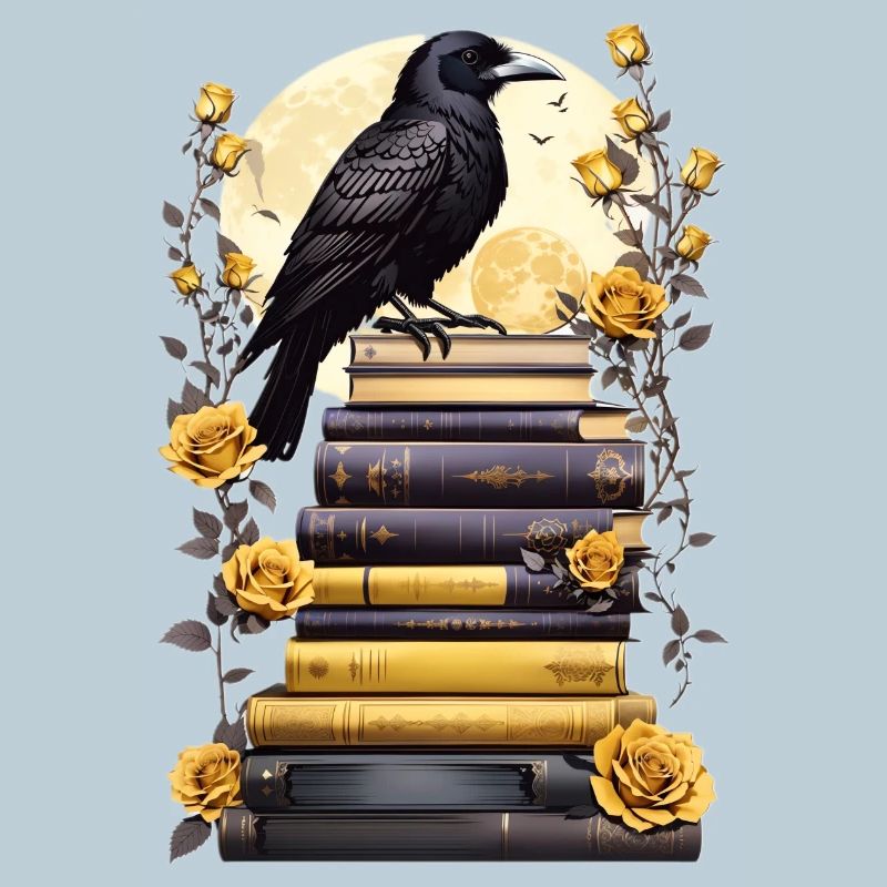 Stack of books with raven