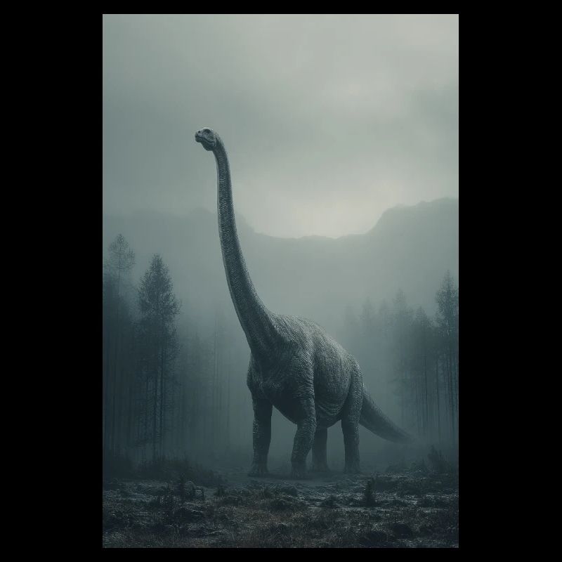 Dinosaure dans la forêt brumeuse aube