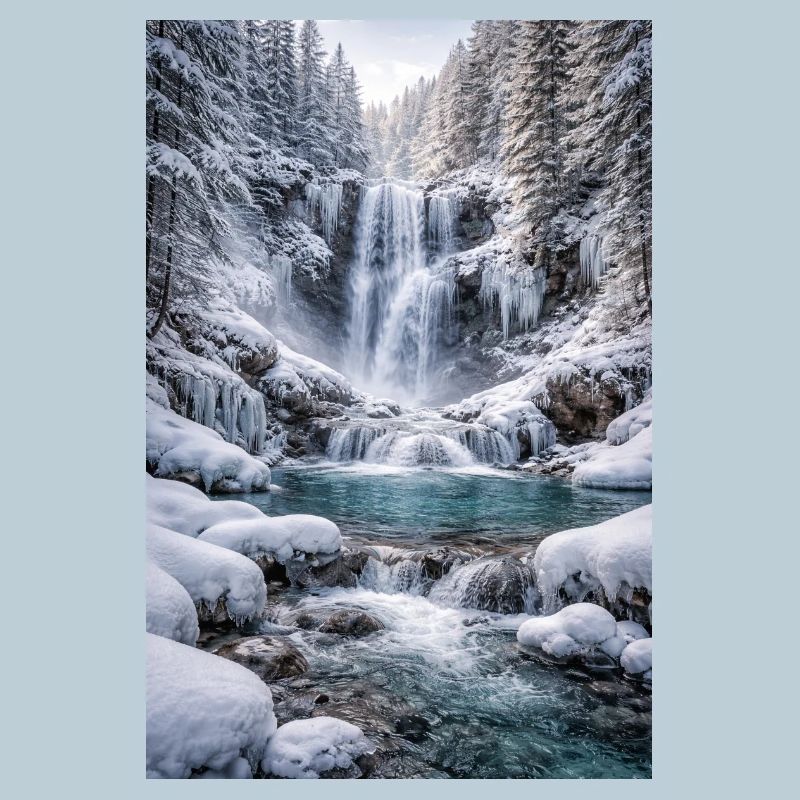 Winter waterfall in snow-covered forest