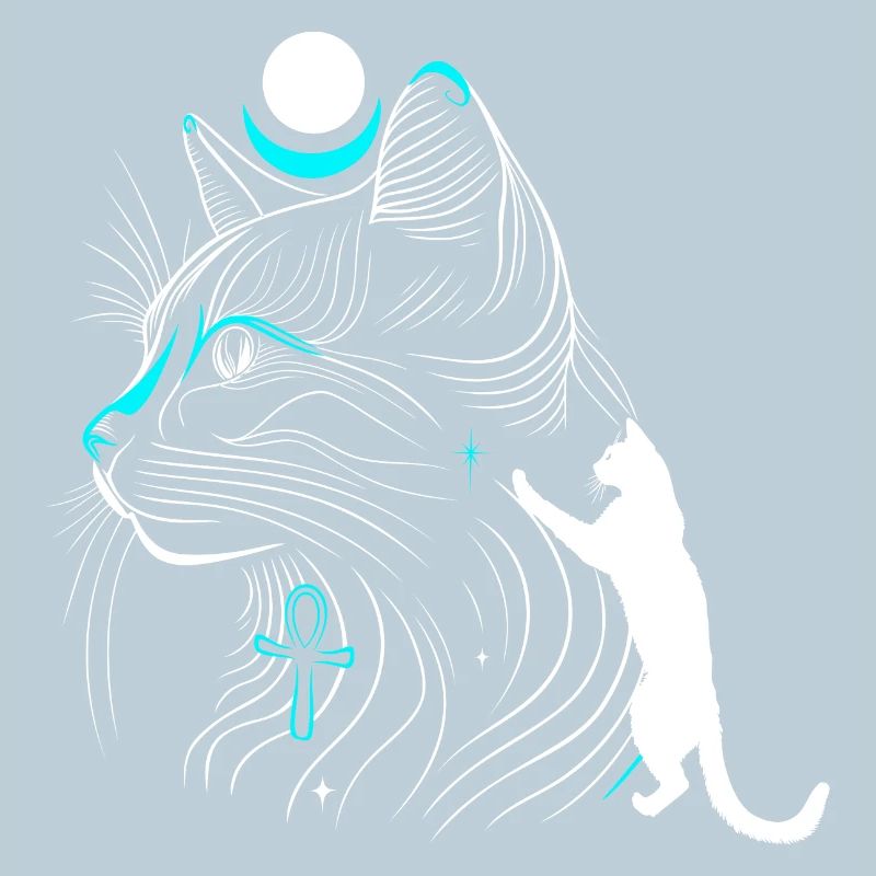 Minimalist Bastet Cat in Profile with Moon