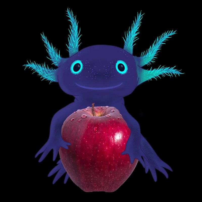 Blauer Axolotl mit rotem Apfel, Handzeichnung