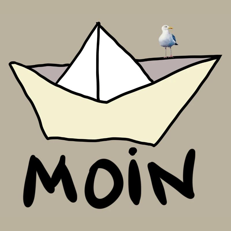 Papierboot am Strand mit Möwe