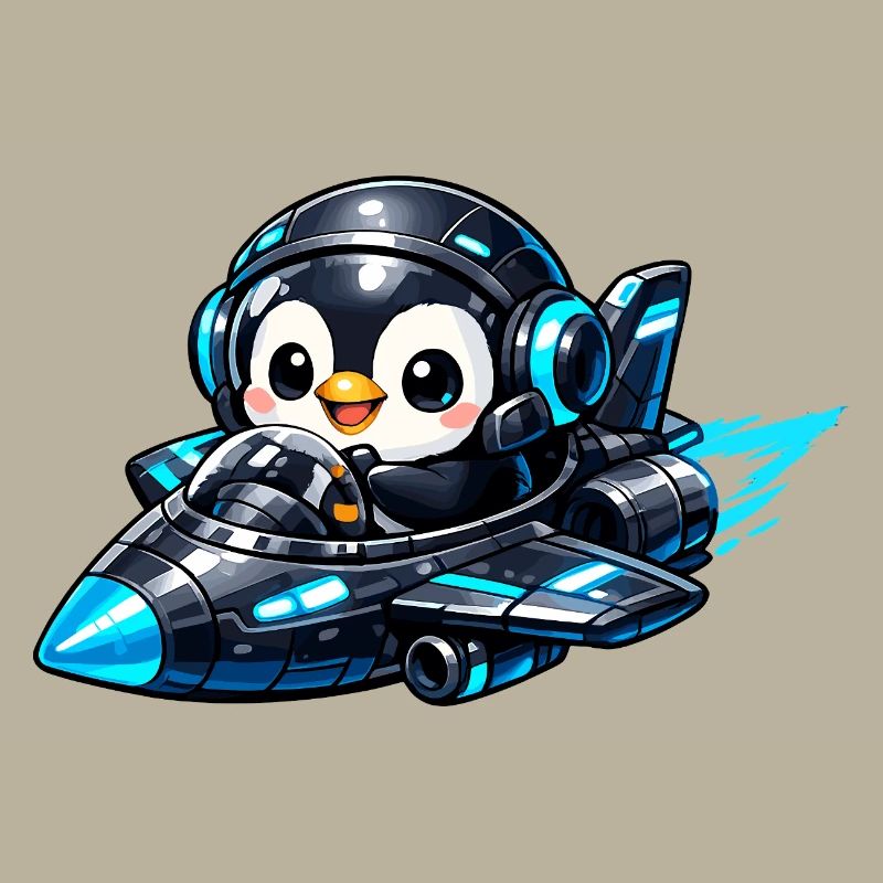 Neon penguin pilot in rocket jet