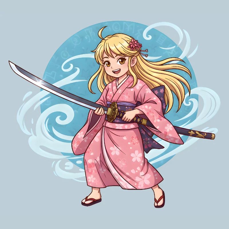 Fille samouraï d’anime en kimono avec un katana