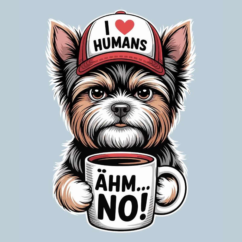 Yorkshire Terrier Hund mit Cap und Kaffeetasse