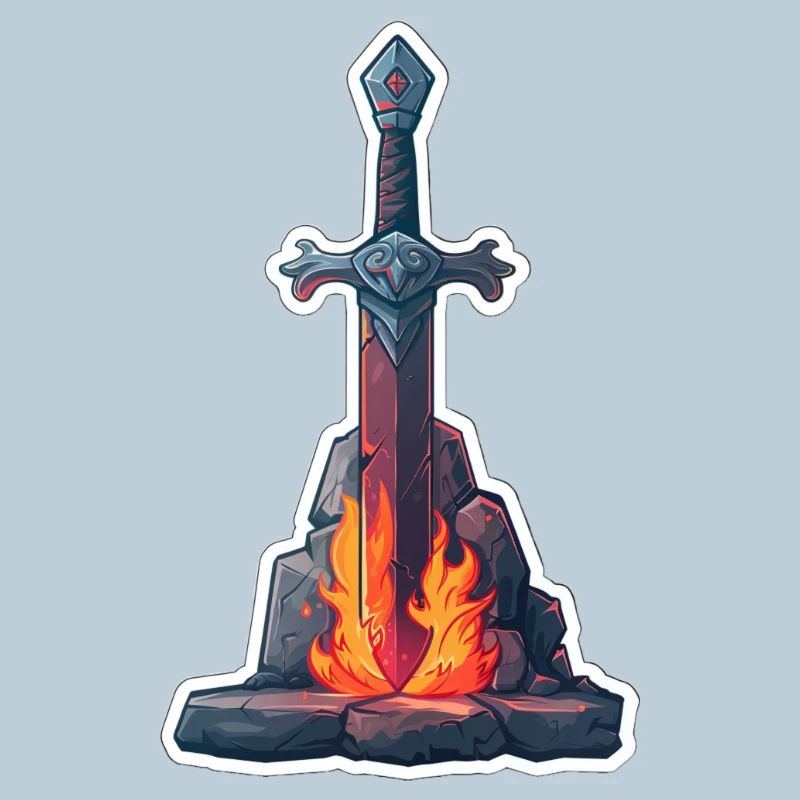 Fantasy RPG Schwert mit Feuer in einem Stein