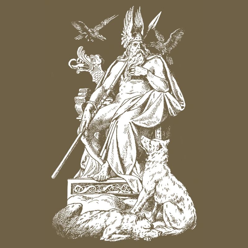 Odin on throne with spears, ravens and wolves