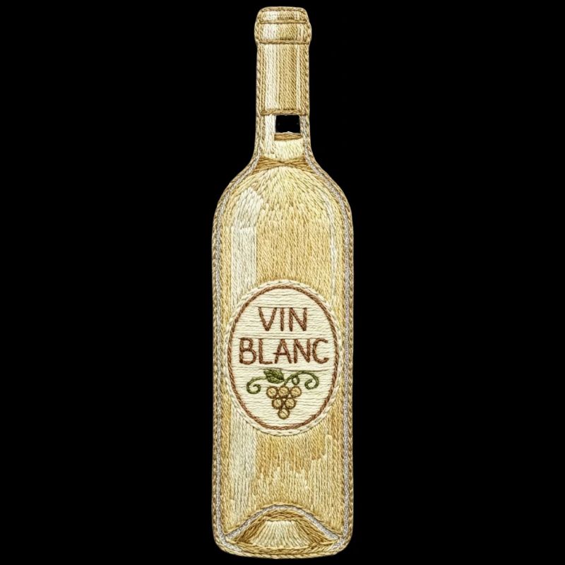 Bouteille de vin blanc dans un aspect brodé (imprimé)