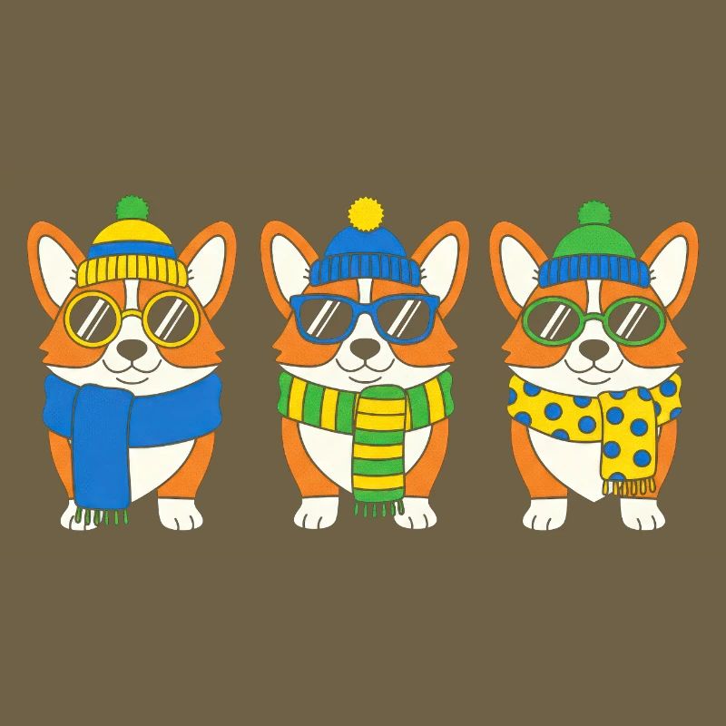 Winter-Corgi-Trio mit Accessoires