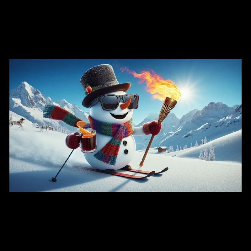 Schneemann Skifahrer mit Feuerfackel