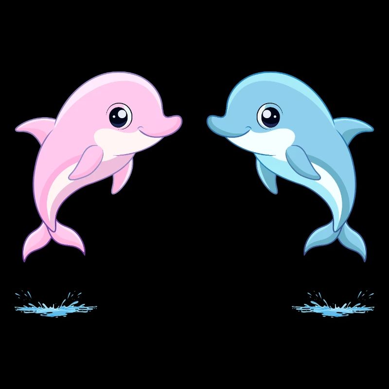 Zwei Baby-Zwillinge blauer und rosa Delfine, springend