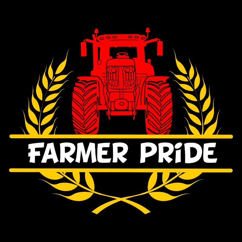 Farmer pride red tractor in laurel wreath with white