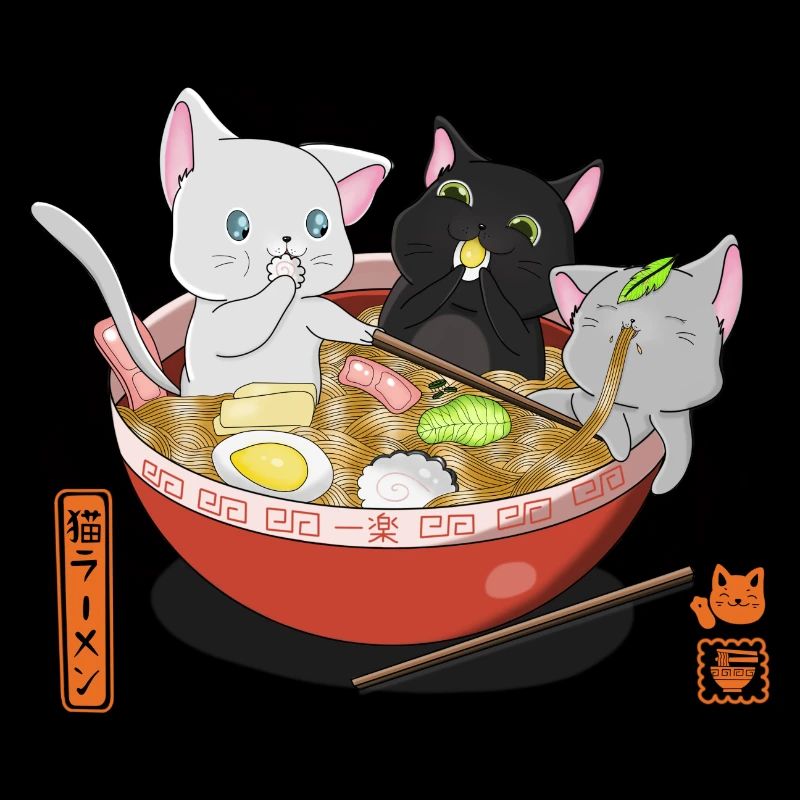 kawaii chats mangeant ramen japonais