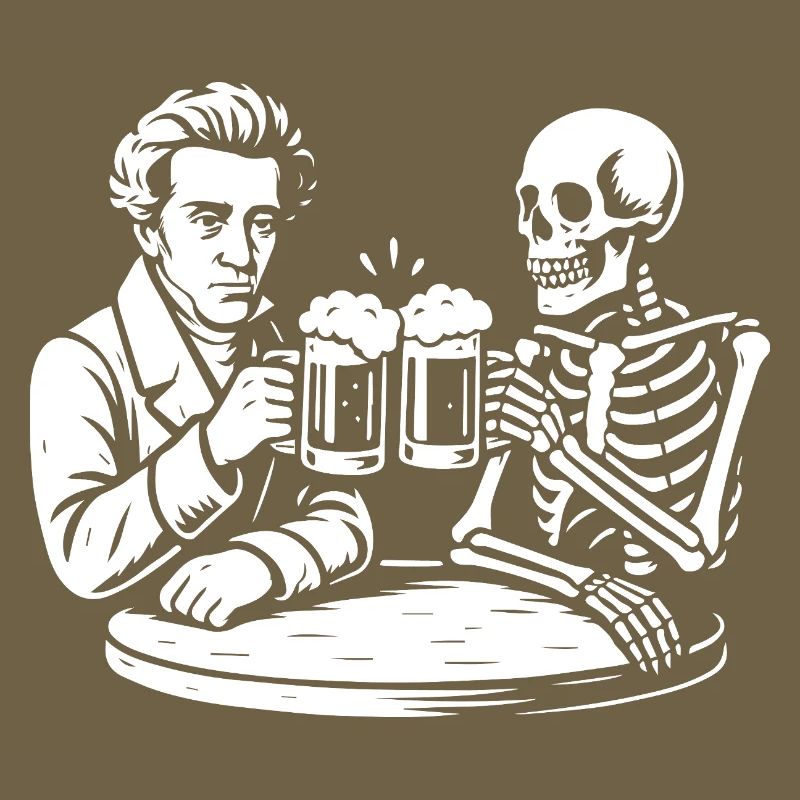 Soren Kierkegaard drinking beer with skeleton