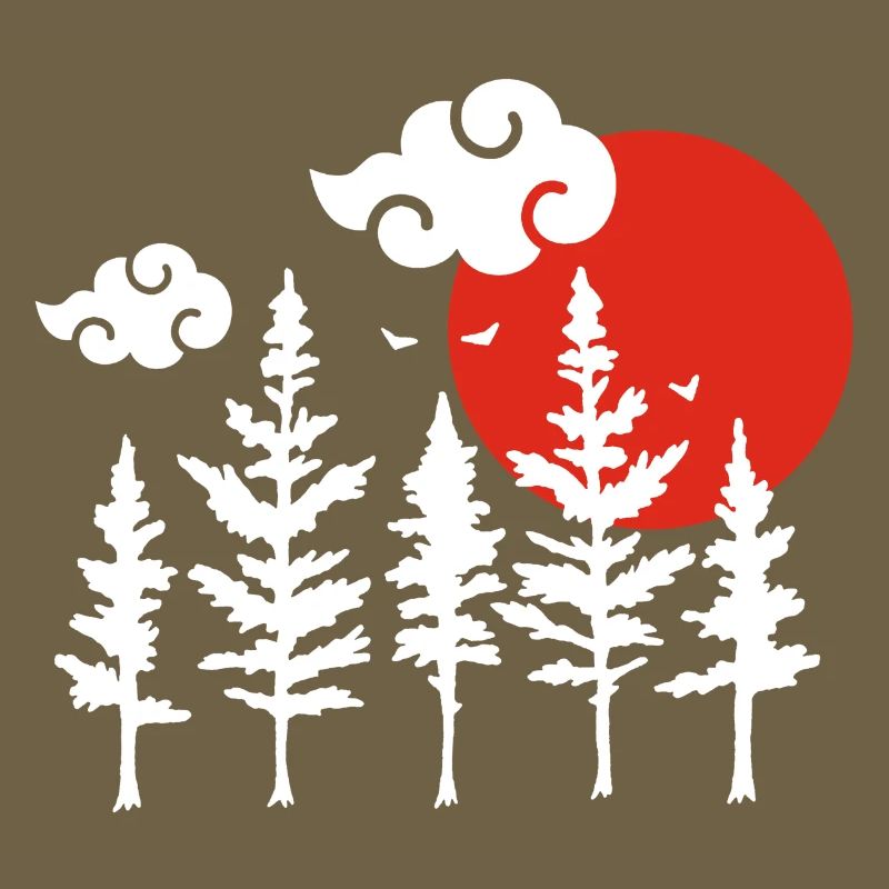 White trees and red sun