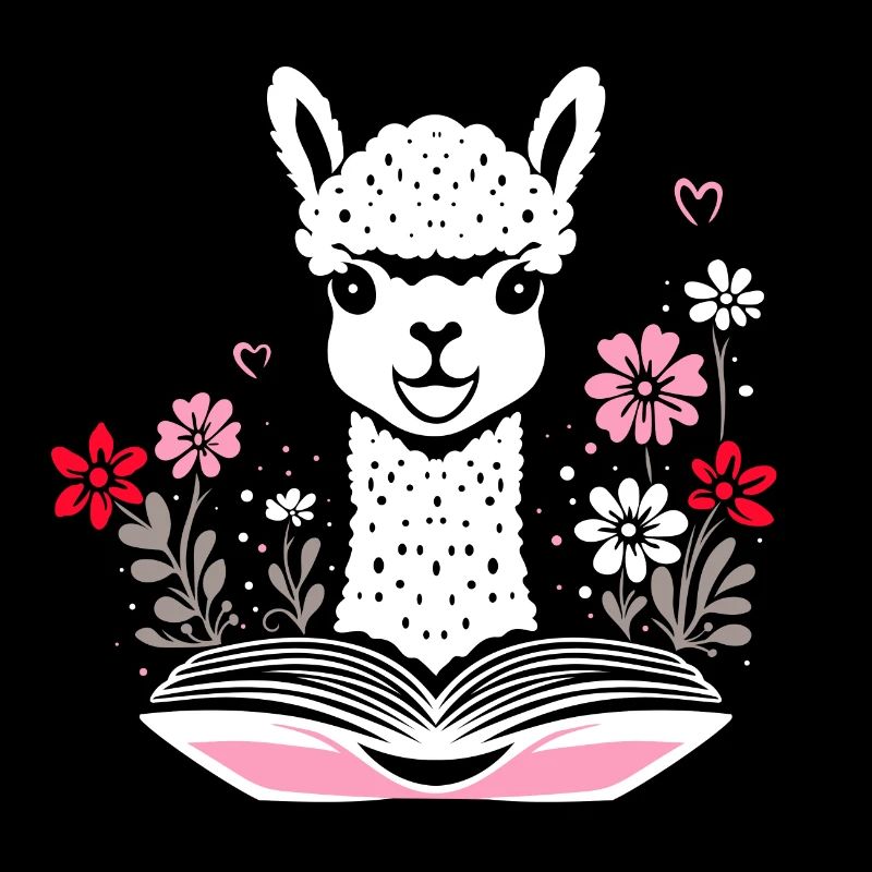 Alpaka mit Buch und Blumen Bücher lesen