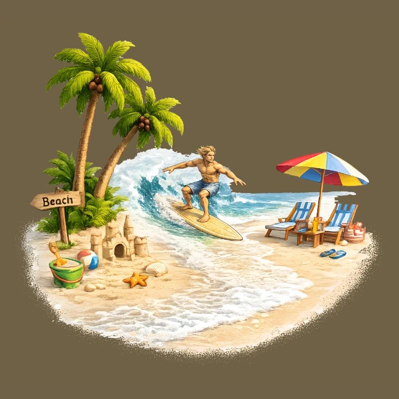 Surfer on the beach with palm trees and wave