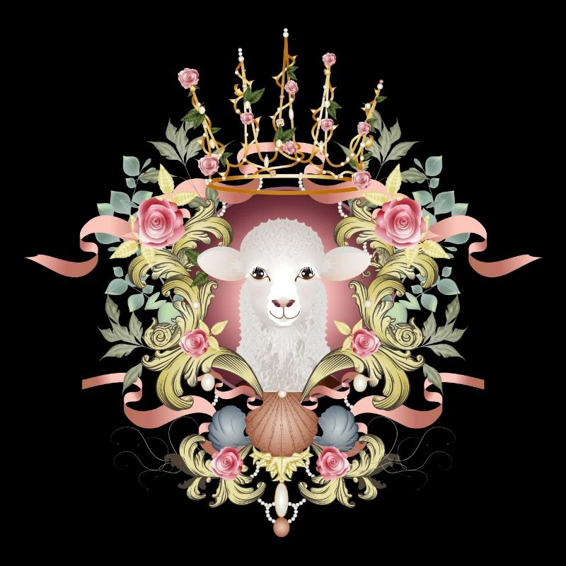 A sheep in a lavishly decorated frame with a crown