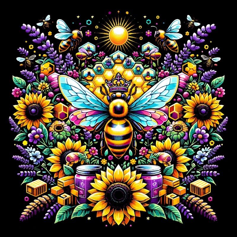 Lebhaftes, farbenfrohes Kunstwerk mit Bienen