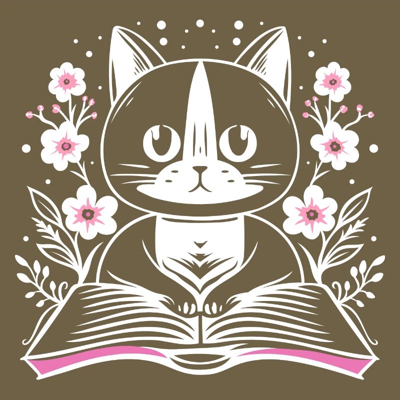 Lecture chat mignon avec livre et fleurs