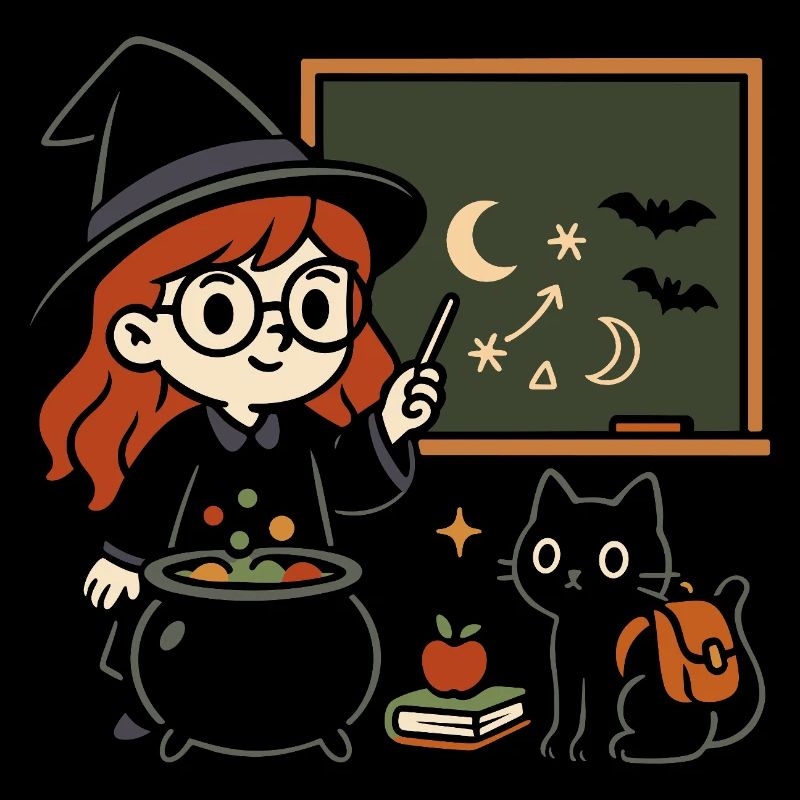 Cute Little Witch with Cat Back to School Motif