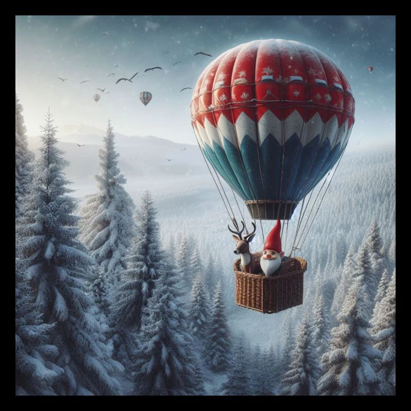 Gnome et renne dans une montgolfière