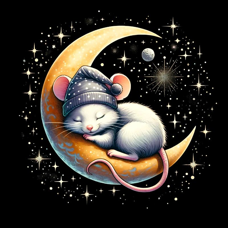 souris endormie paisiblement, sur un croissant de lune