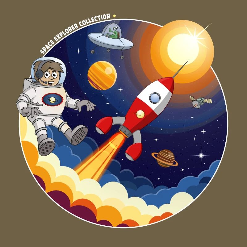 Fusée, astronaute, OVNI et planètes dans l’espace.
