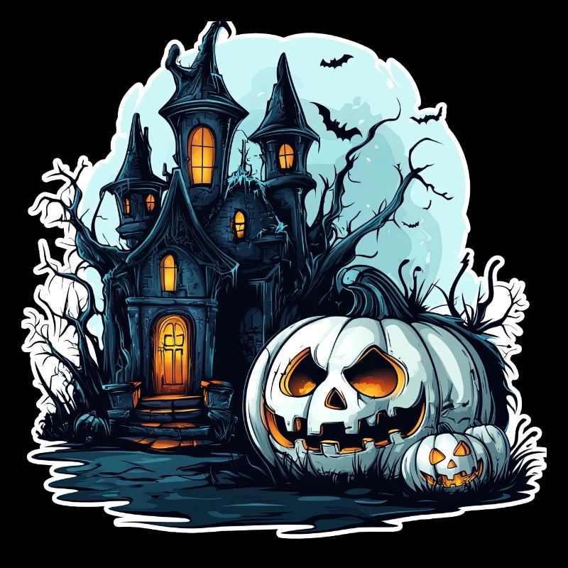 Haunted house with glowing pumpkins