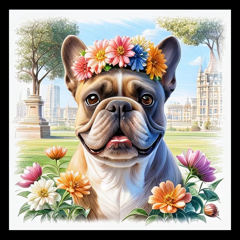 Bouledogue français printanier avec couronne florale