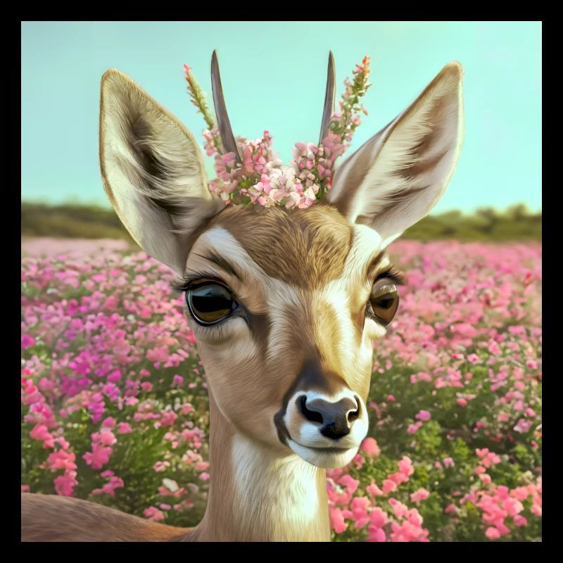 Deer with flower crown in spring meadow (AI-Art)