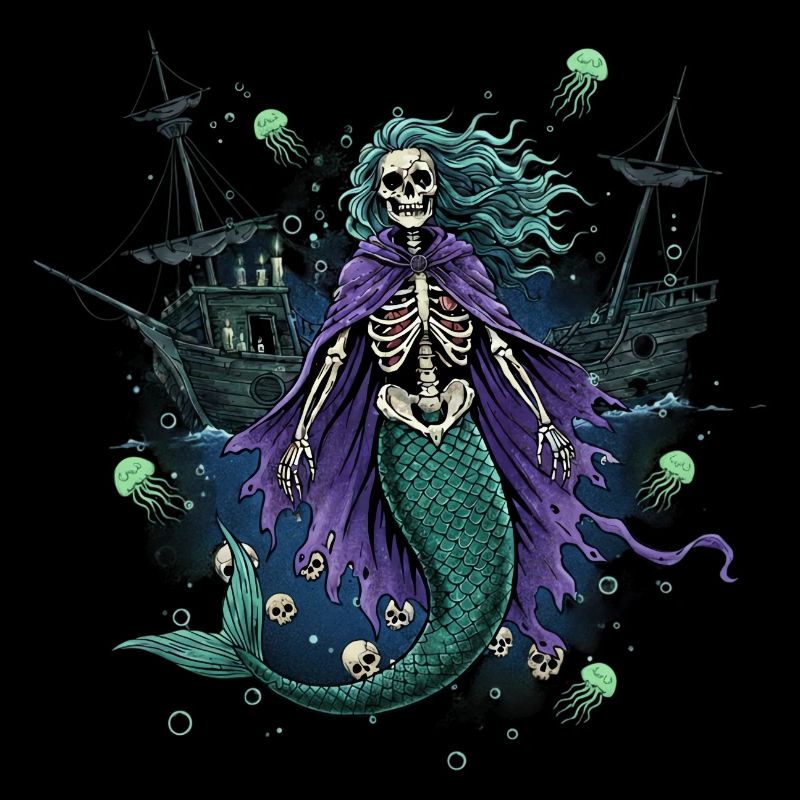 Skeleton Mermaid with Ghost Ship
